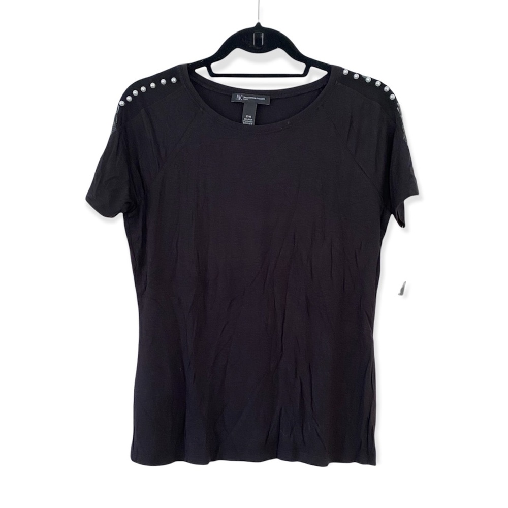 INC Black Pearl Detailed Crew Neck Short Sleeve Top Petite Medium
